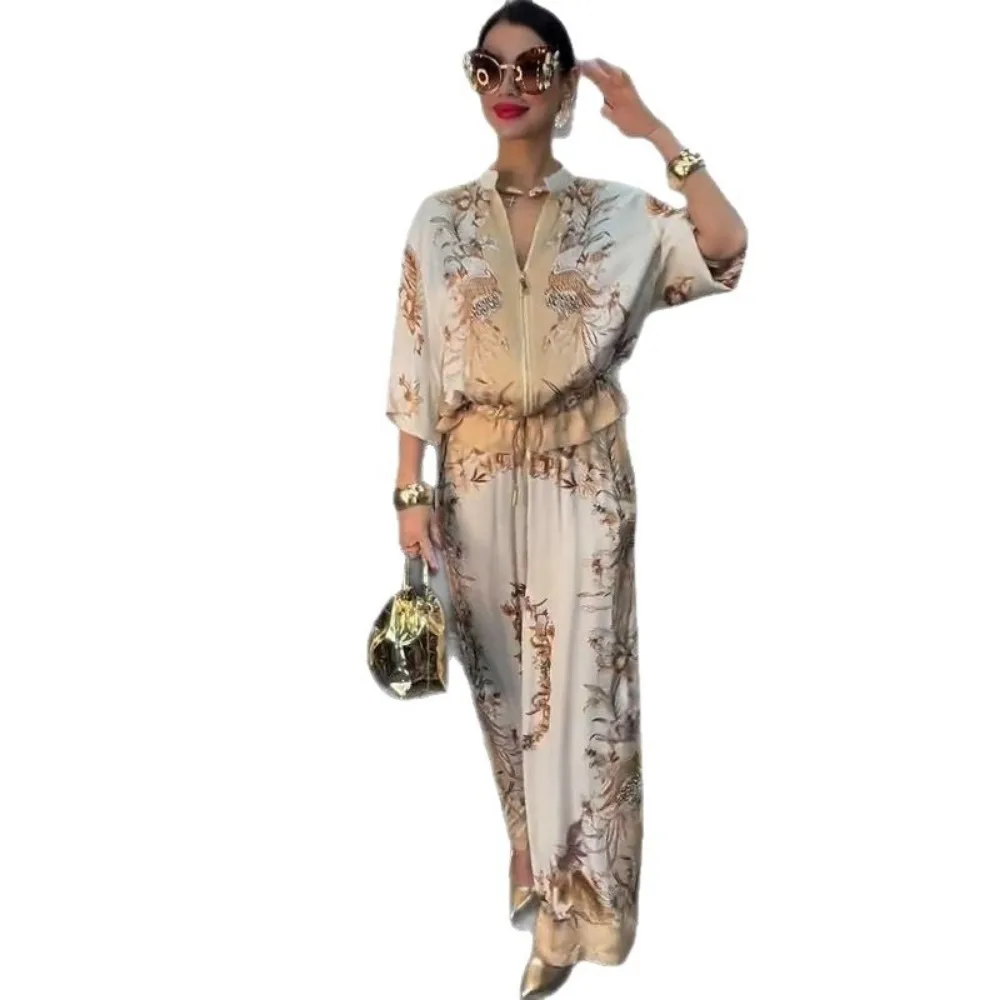 African Suit Women Temperament Two Piece Sets Top Sashes Straight Wide Leg Pants Outfits Dashiki 2024 Africa Elegant Ensemble