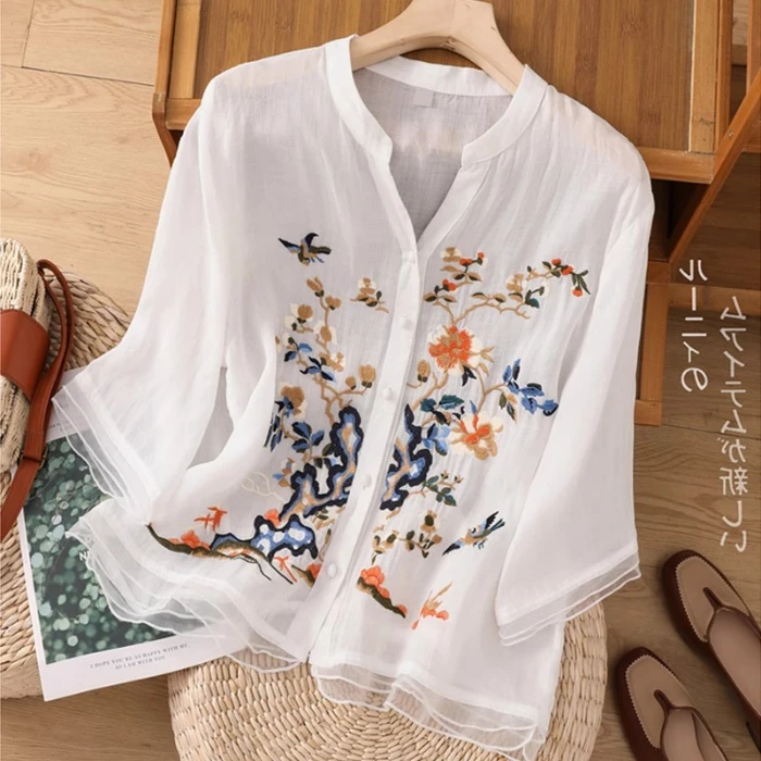 

Retro Cotton Linen Embroidered irt Women Summer Loose Sli Agel Mom Chinese Sle National Trend Seven Sve Top