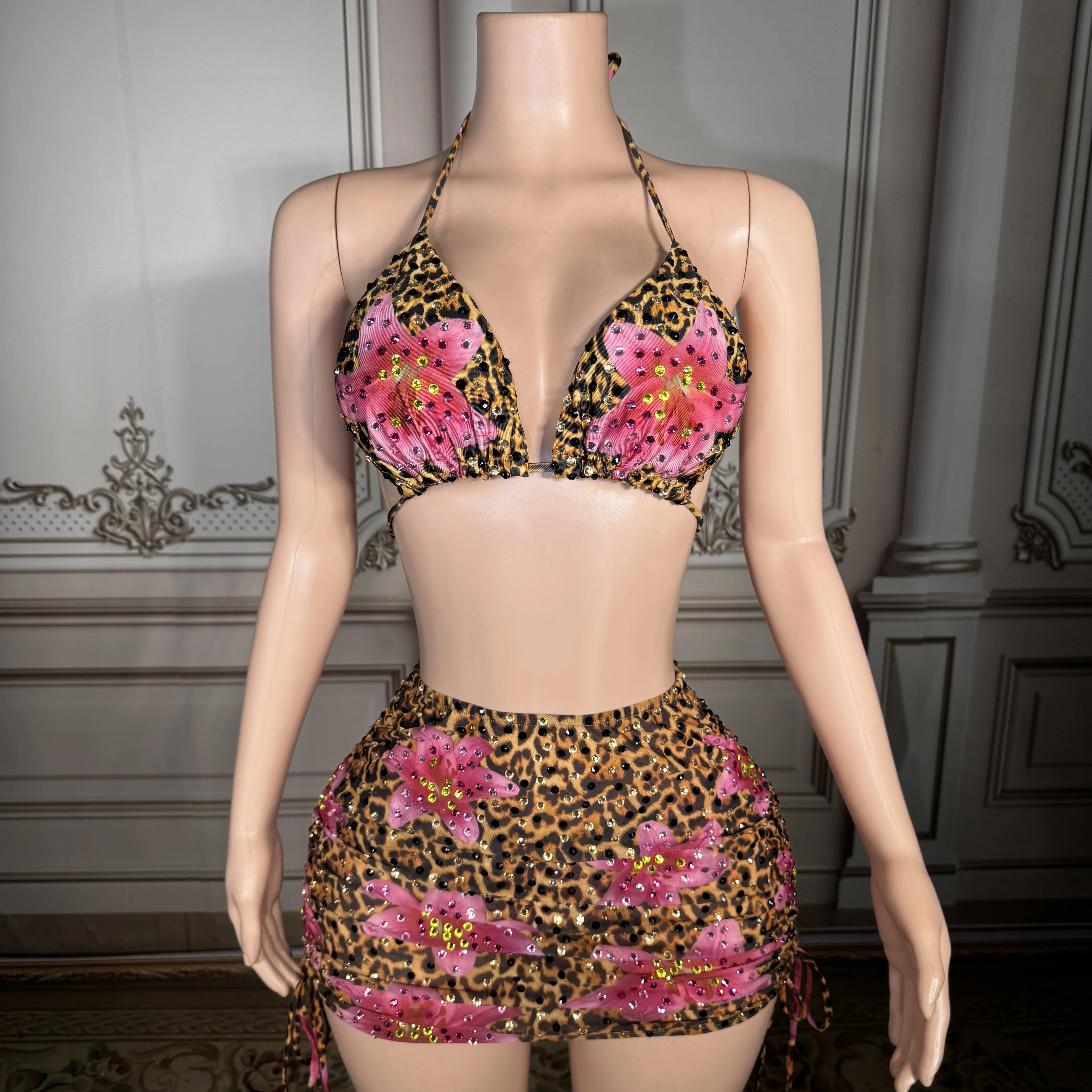 

Сексуальный женский раздельный купальник ZD Glamorous Leopard Pink Floral: треугольное бикини для летнего отдыха