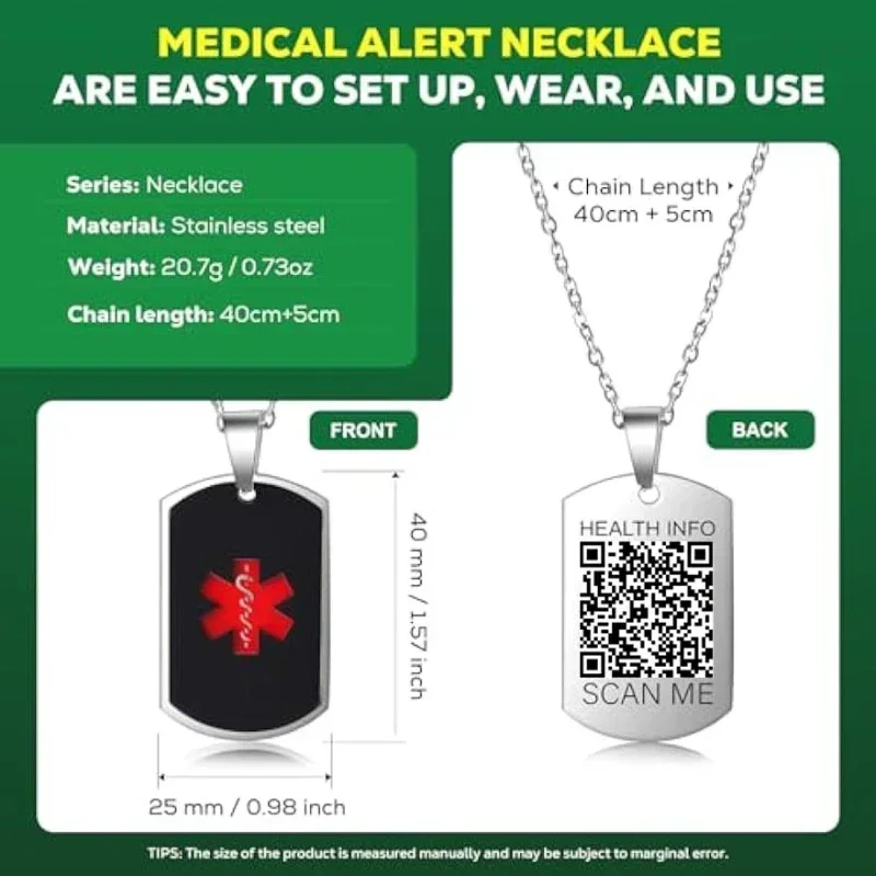 Stainless Steel Medical Alarm ID Necklace Free Carved QR Code Men\'s and Women\'s Identity Tags Emergency Rescue Pendant Jewelry