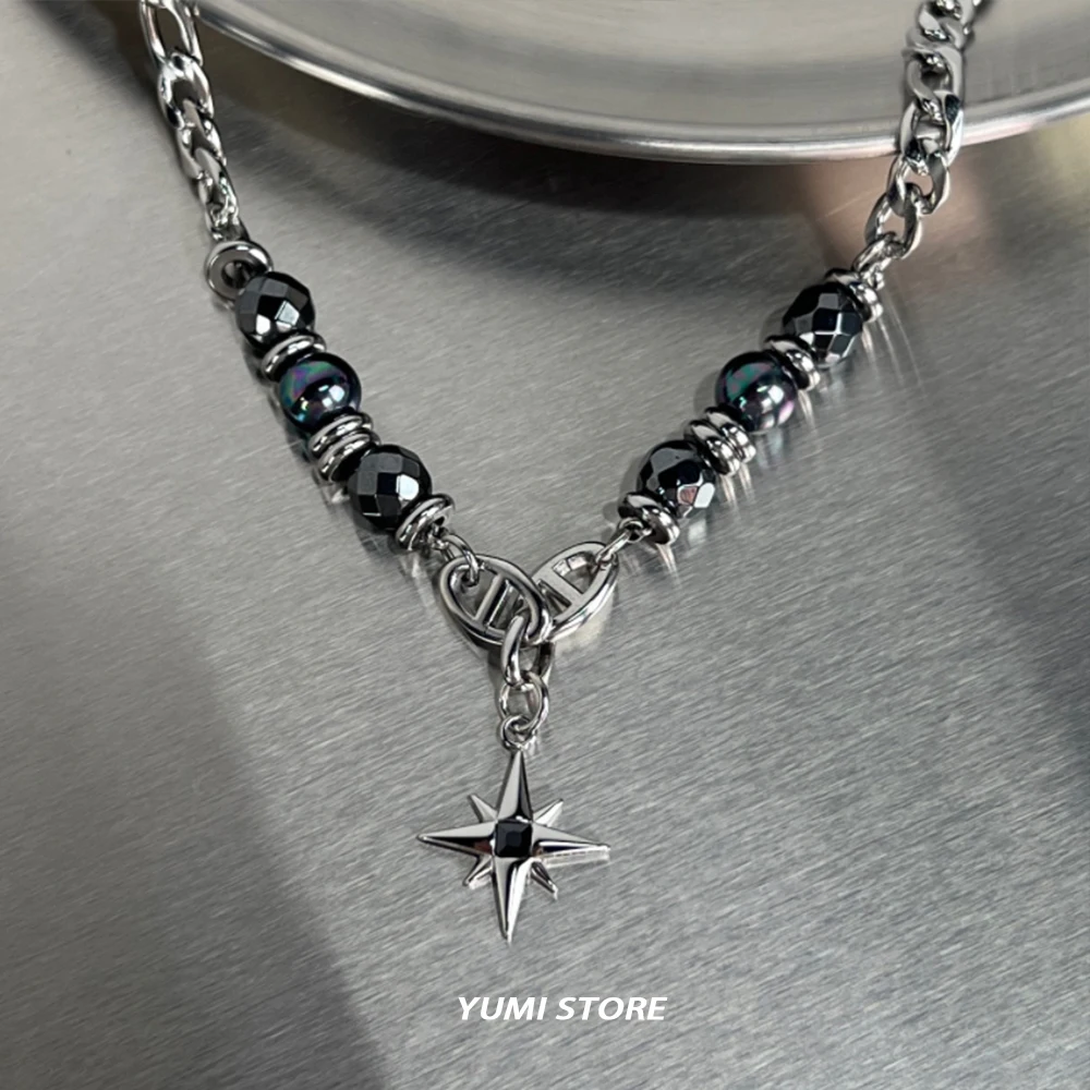 Titanium Steel Obsidian Star Necklace for Man Punk Bead Clavicle Chain Luxury Pendant Jewelry Hip-hop Accessories Wholesale