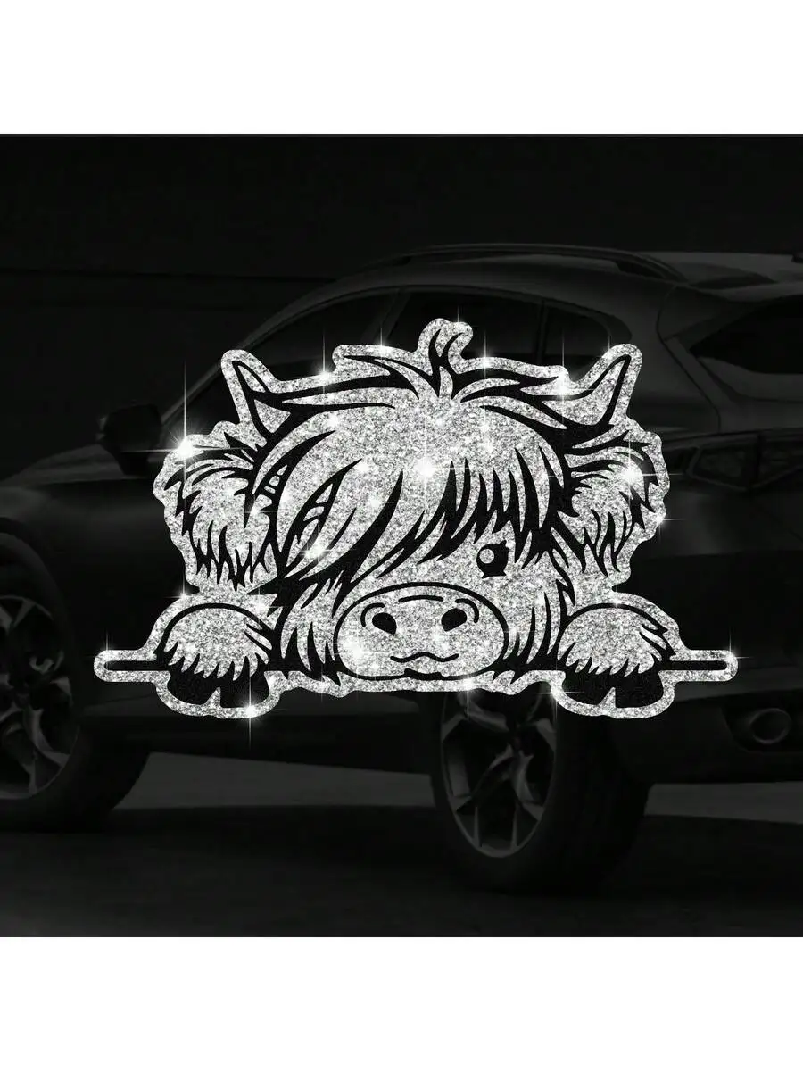 

1pc Cow Decal Sticker - Shiny Cartoon Animal Theme Faux Diamond Material, Suitable For Car, Laptop - See-Through Cow Vinyl Stick