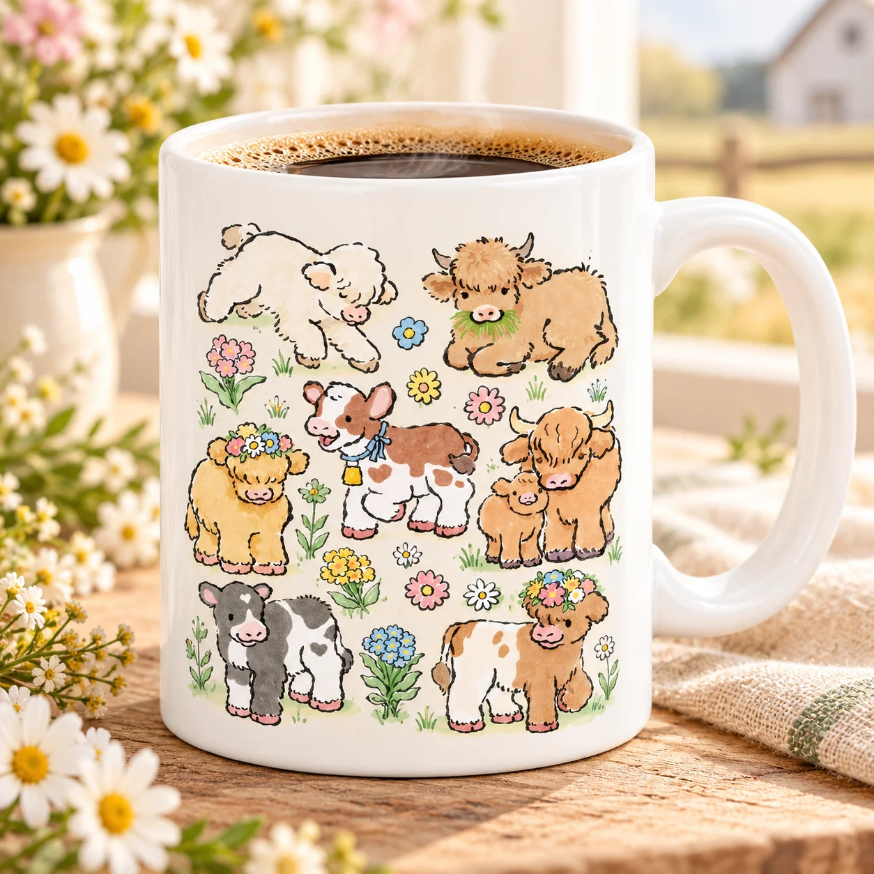 1 pc Sublimation Coffee Mug, Cute Highland Cow Floral Cartoon Ceramic Mug, Farm Cow Collection Graphic Tea Cup, Farm Animal Love