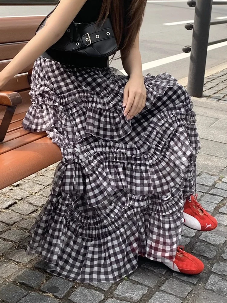 

Retro Patchwork Wooden Me Plaid f Skirt Women's Summer New Design Cake Long Skirt High Waist Korean Sle