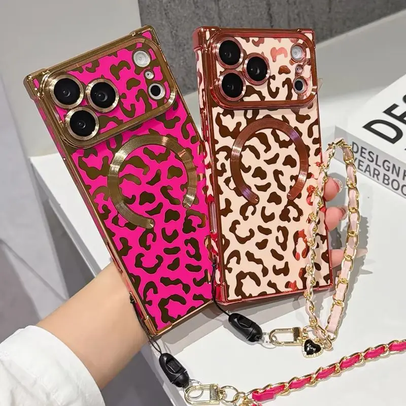Luxury Leopard Print Magnetic Electroplated Phone Case for 17 Pro Max Y2K Heart Chain Protective Cover for iPhone 16 15 14