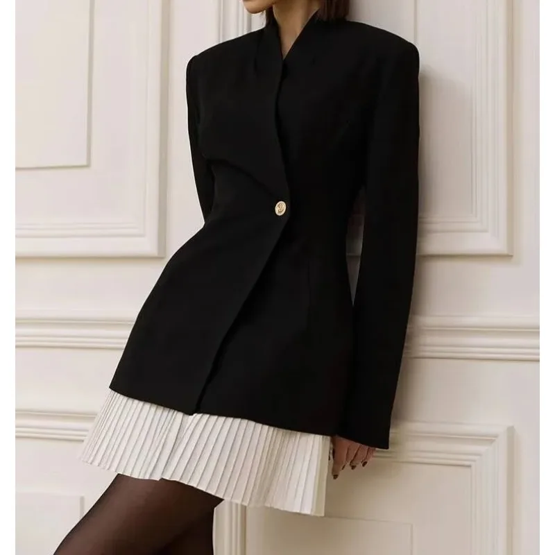 Patchwork Long Sleeve Sexy Blazer Dress Women Elegant V Neck Single-button High Waist Slim Blazers Dresses Female