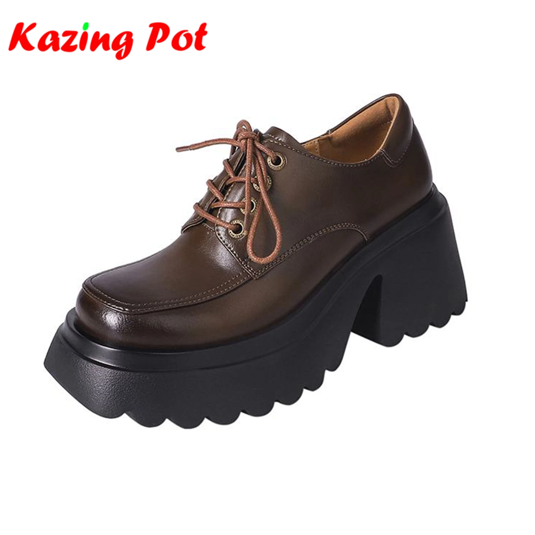 Krazing Pot Genuine Leather Autumn Shoes Lace Up British School Platform Thick High Heels Leisure Casual European Women Pumps