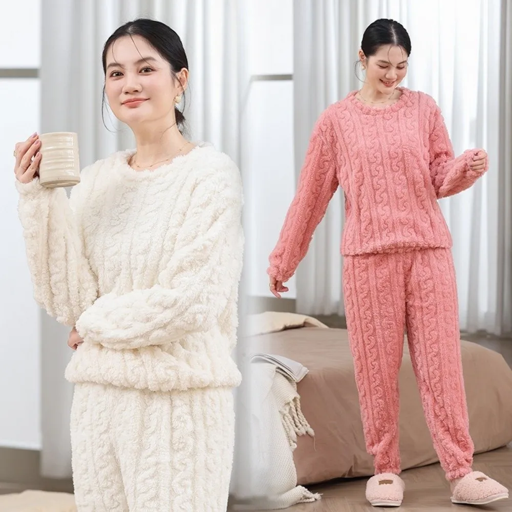 Loungewear Thicken Warm Women Pajama Set Soft Cozy Simple Velvet Homewear Set Autumn Winter Thermal Underwear Set Winter