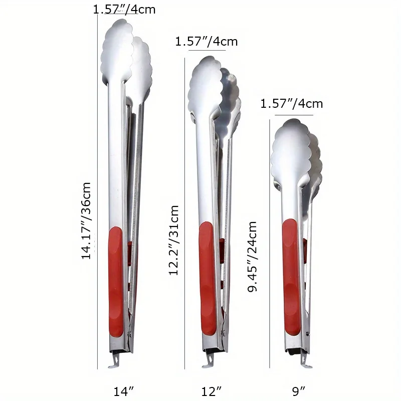 3pcs, Stainless Steel Kitchen Cooking Tongs, Sturdy Grilling Barbeque Brushed Locking Food Tongs With Ergonomic Grip,