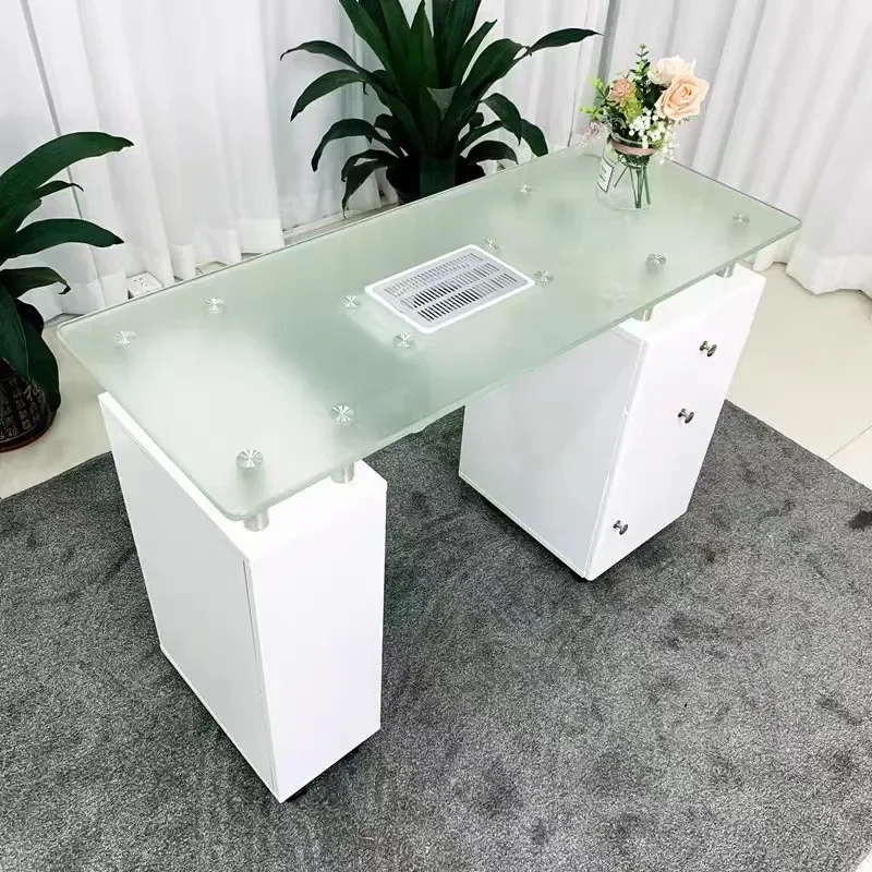 Good price Beauty Salon Furniture Glass Top Portable Spa White nail station manicure nail table With Fan