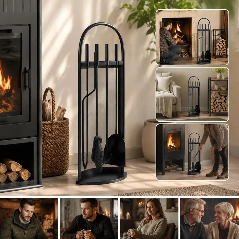 Ensemble de 5 ustensiles de cheminée noirs en acier revêtu de poudre avec support 23x15x66 cm. Livré avec crochet, pince, balayette et pelle pour manipuler le feu et nettoyer les cendres. Compact, rangement organisé, poignées ergonomiques, montage simple pour poêles