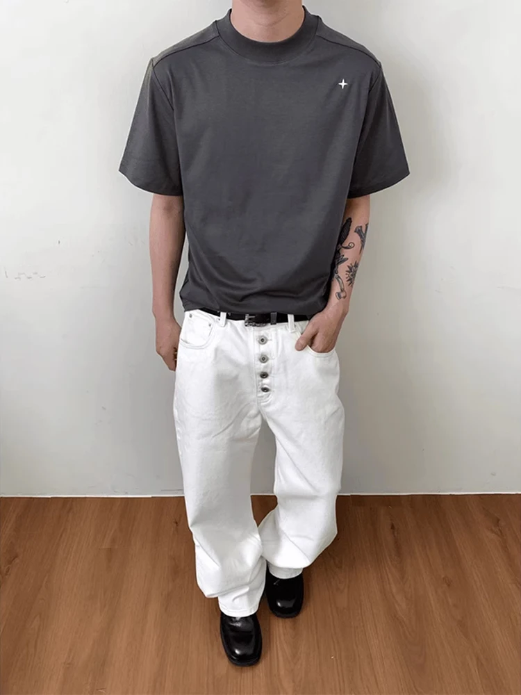 تي شيرت رجالي أبيض بأكمام قصيرة وياقة صغيرة مع تطريز نجمة، تصميم أنيق للصيف #4