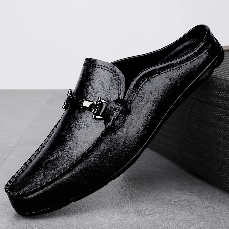 

Лето 2022, мужские туфли-лодочки большого размера, мужские тапочки, кожаные полудрагоценные повседневные туфли, лоферы с открытой спиной, мужские шлепанцы на плоской подошве