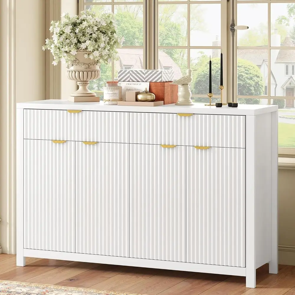 

55 White Wooden Sideboard with Luted Design, Storage Drawers, Adjustable Shelves, Gold Handles for Living Room or Hallway