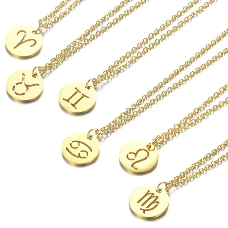 Stainless Steel Star Zodiac Sign Necklaces 12 Constellation Choker Pendants Aries Libra Leo Jewelry Gift