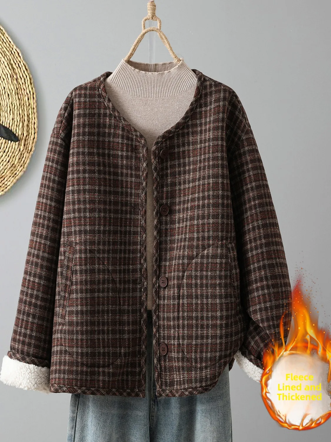 

Faionable Thiened Plaid Woolen ort Coat Ladies Winter Lined Fce Warm Cotton Jaet Lightweight Cotton Clothes
