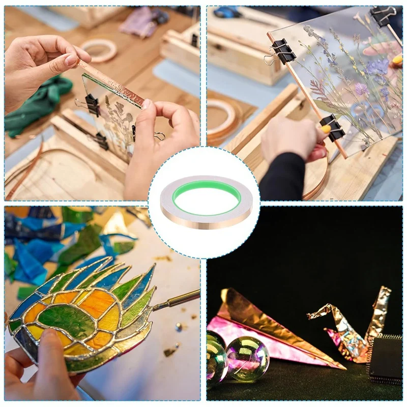 Cinta de lámina de cobre de 22 yardas y 3/8 pulgadas, cinta de cobre de 3 rollos con herramienta de lámina de vitral conductor con raspador para manualidades