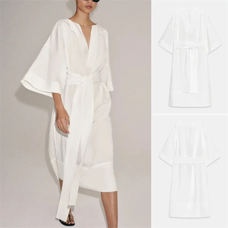 2026 Summer New Women's V-Neck Three-Quarter Sleeve A-Line Dress with Belted Long Shirt Dress, Simple and Fashionable