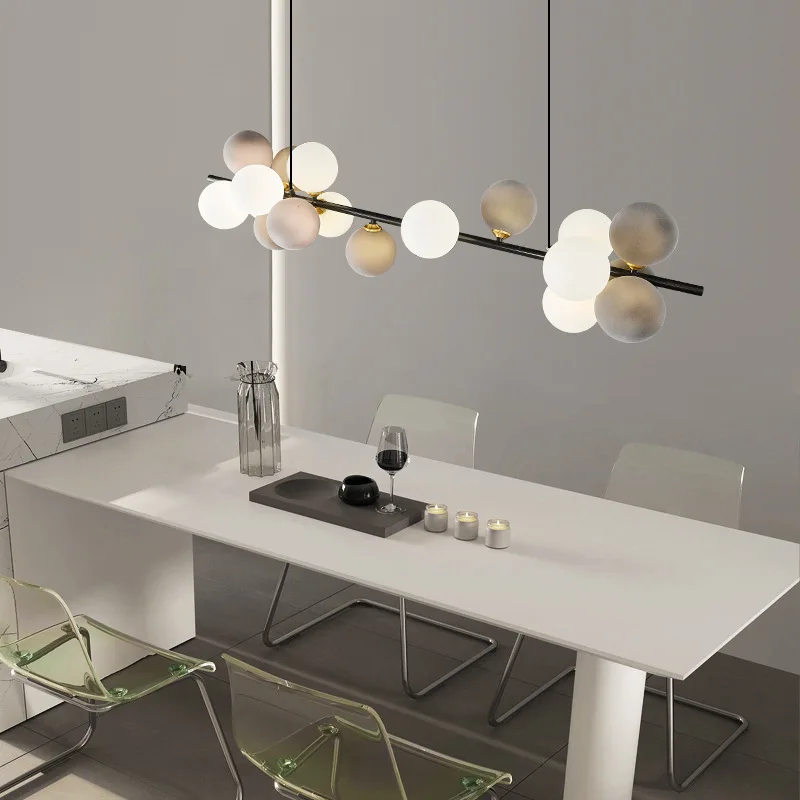 All-copper long restaurant light, post-modern designer model room, dining table, bar counter, window, personalized chandelier