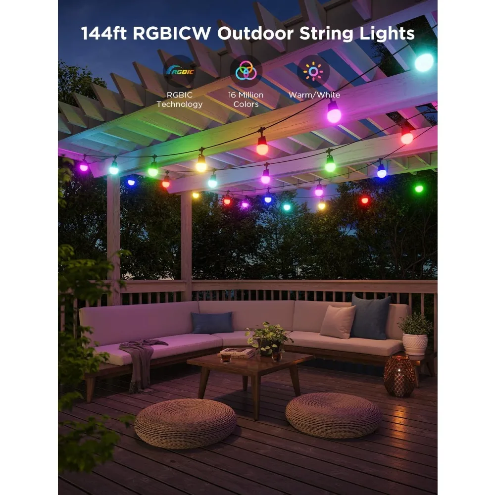 Smart Outdoor String Lights 2, 144ft RGBIC Outdoor Lights with Dimmable Warm White LED Bulbs for Halloween, 47 Scene Modes