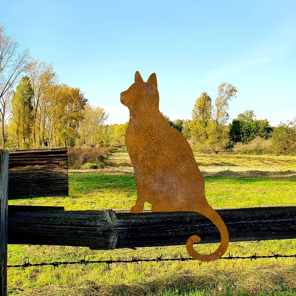 [2D Flat] Weathered Rust Cat Metal Garden Stake Ground Spike Vintage Yard Decor Gift for Cat Lovers Lawn Ornaments