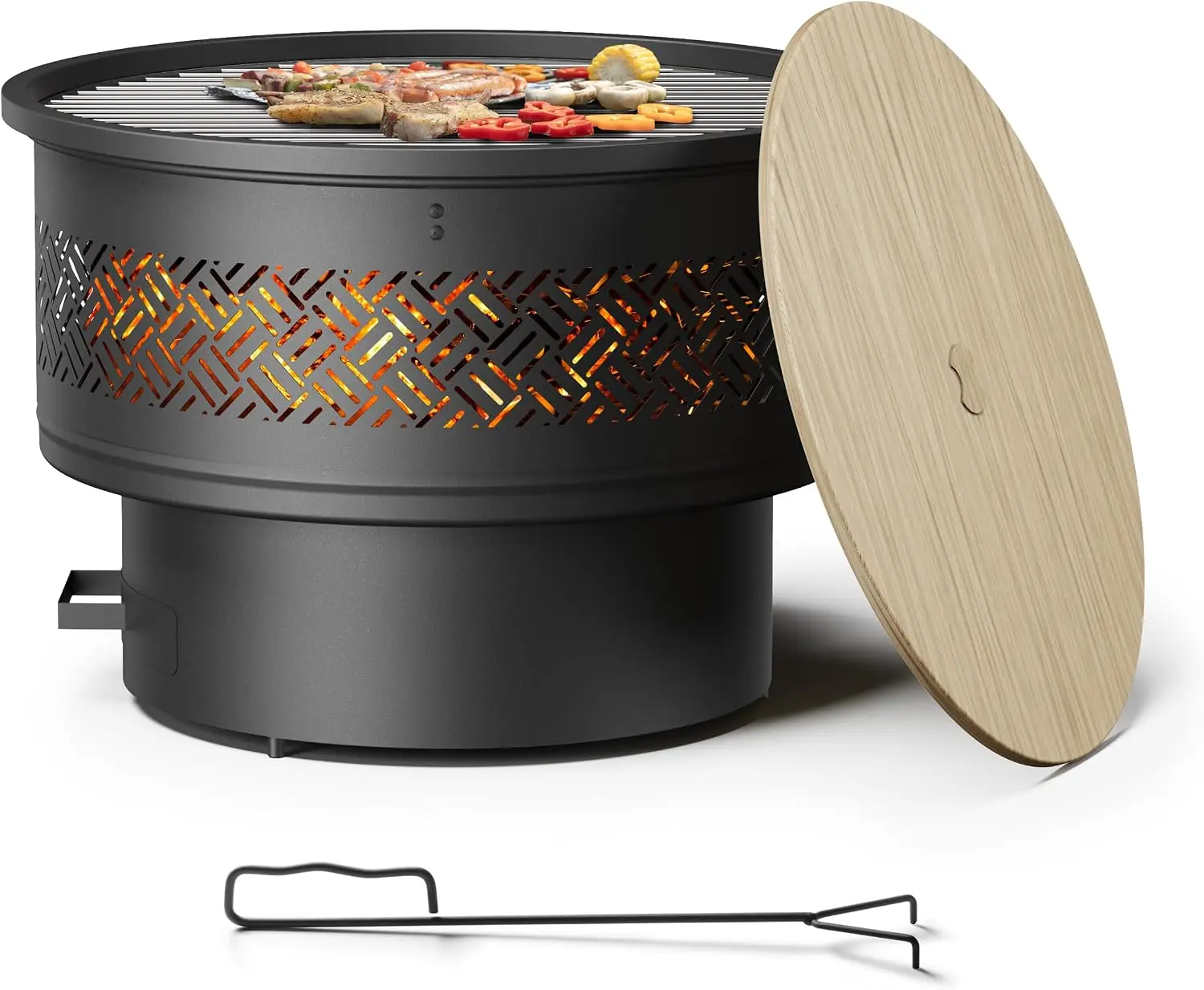 Outdoor Wood Burning Fire Pit Table With Cooking Grill Grate Round Metal Firepit Table Spark Screen Mesh Cover Poker For Backyard Patio Picnic Camping Heavy Duty Bonfire Heating Station Black