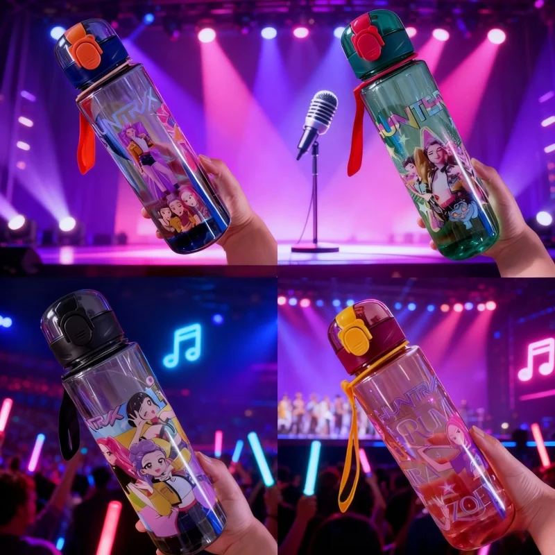 

K-Pop Demon Hunters Plastic Water Bottle with Straw Cute Cartoon 700ML Large Capacity Portable Drink Cup Fashion Color Block Cup