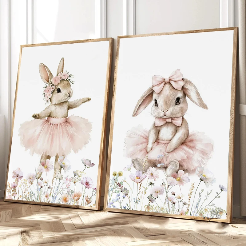 Bunny Ballerina  Wildflower Poster Prints Pink Gingham Floral Rabbit Canvas Painting Wall Art for Baby Girl Nursery Home Decor