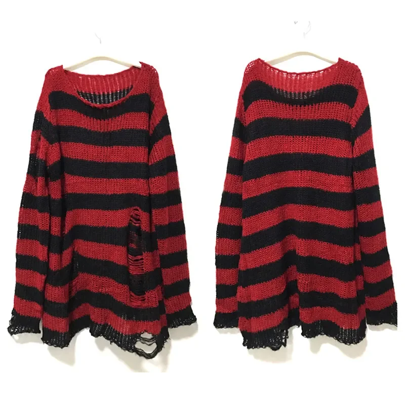 New Streetwear Top Punk Gothic Long Unisex Sweater Summer Women Striped Cool Hollow Out Hole Broken Jumper Loose Rock Thin Dark