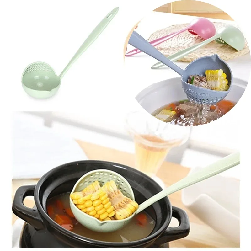 1pc Wheat Strain Soup Ladle High Temp Resistant Long Handle with Draining Holes Light Blue Hot Pot Cooking Utensil Kitchen Tool