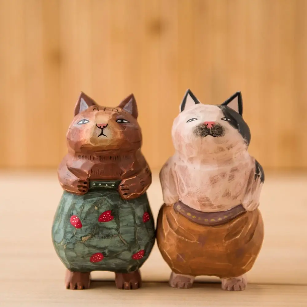 Cute Wood Carving Cat Ornament Simple Style Small Hand Engraving Cat Decorations Handmade Solid Wood
