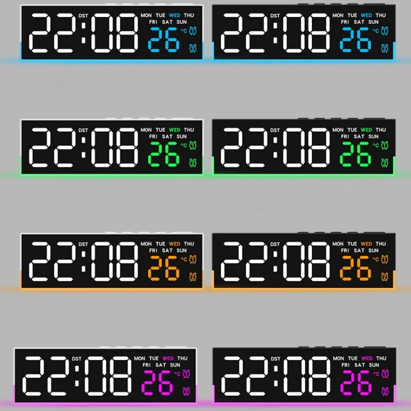 USB-betriebener digitaler Wecker mit Stimmungslicht, TEMP, Datum, Woche, 2 Alarme, automatisch dimmbar, Schlummer-Tischuhr, 12/24 Stunden, DST-LED-Uhr – Detail 13