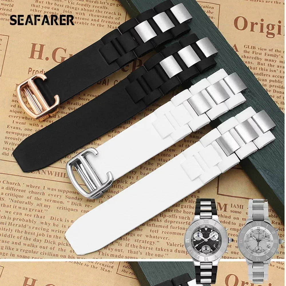 20mm*10mm Black Replacement Silicone Rubber Watch Band For Cartier 21 Chronoscaph W10198U2 W10125U2 W10197U2 W10184U2