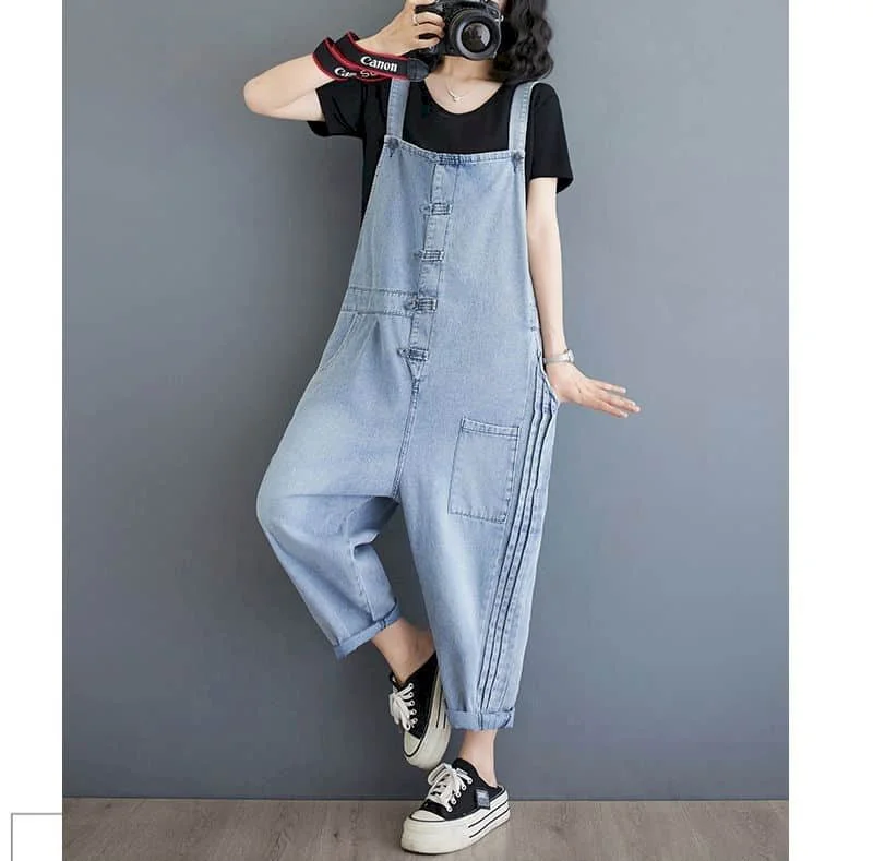 Monos para mujer Harajuku azul Denim Pantalones rectos de longitud completa trajes de una pieza mujeres de talla grande Casual Vintage monos
