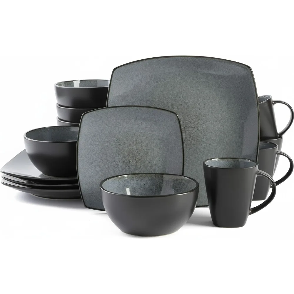 

Современный квадратный набор столовой посуды из камня с реактивной глазурью, сервиз на 4 (16 шт.), дизайн Eclipse — можно мыть в посудомоечной машине и в микроволновой печи