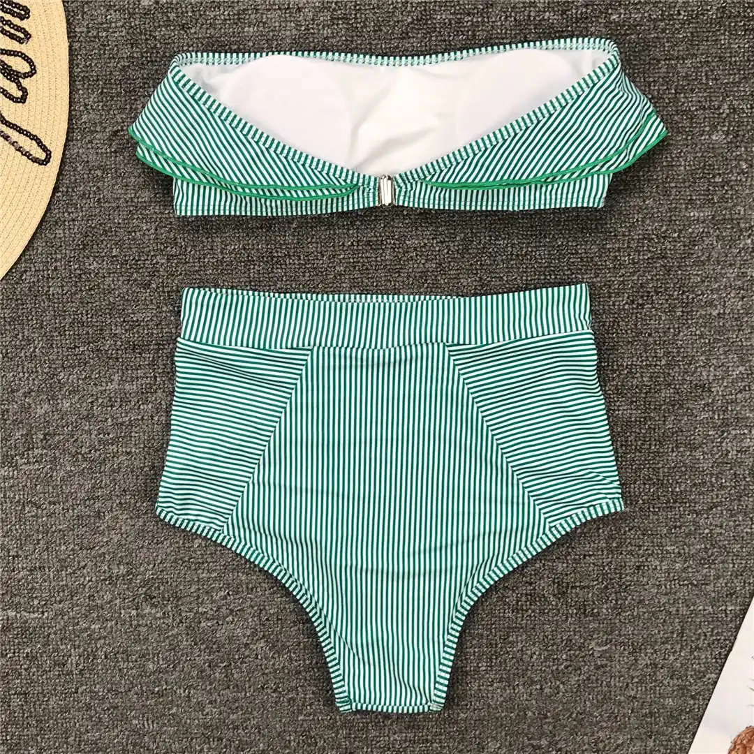 Gestreifter Bandeau-Bikini mit Rüschen, Damen-Badeanzug, hochtailliert, zweiteiliger Bikini, Badebekleidung, Badeanzug, Modell V1183. – Detail 21