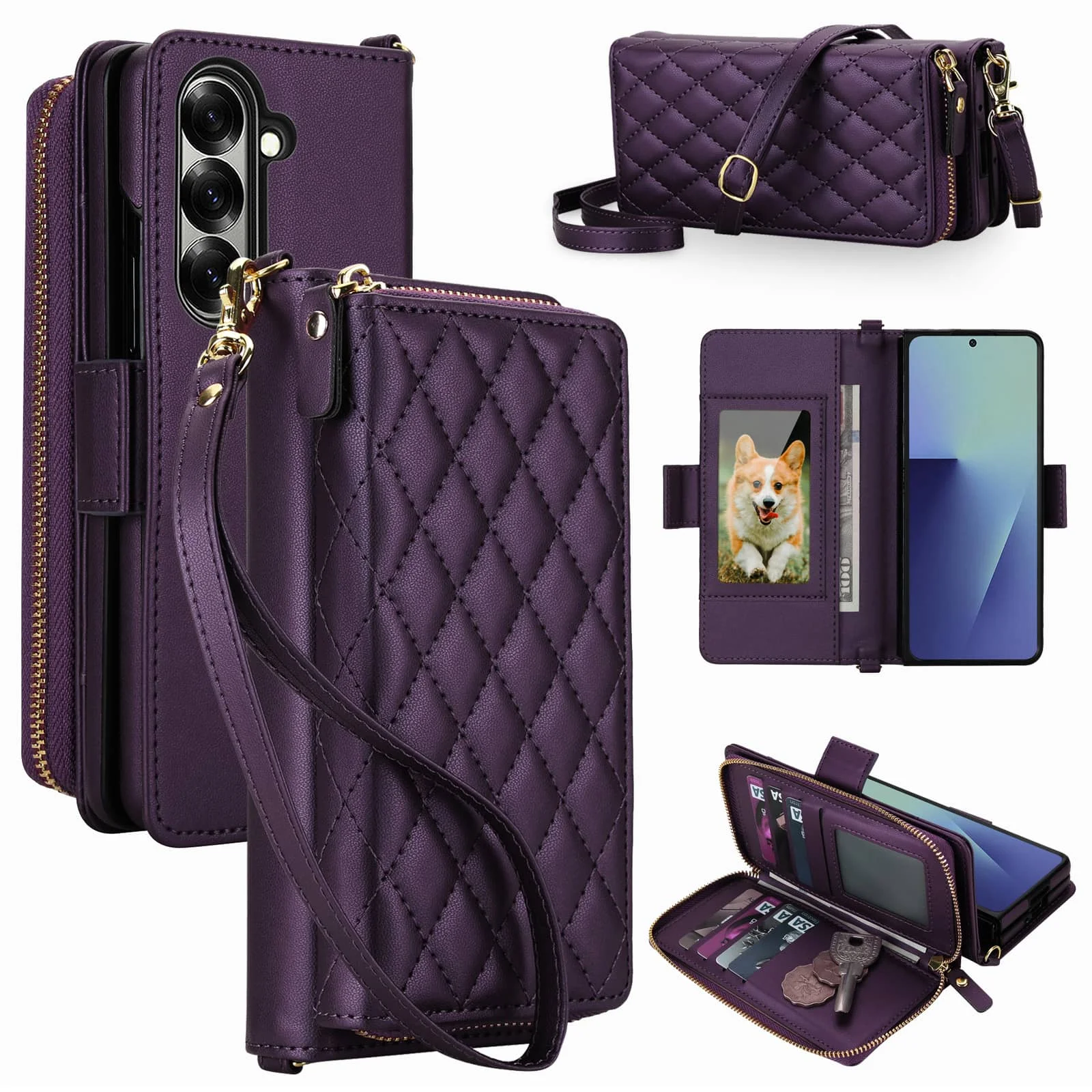 

WEFOR Crossbody Wallet Case for Samsung Galaxy Z Fold 7 6 5 4 3 RFID Blocking Zipper Flip Cover Card Holder Kickstand Purse