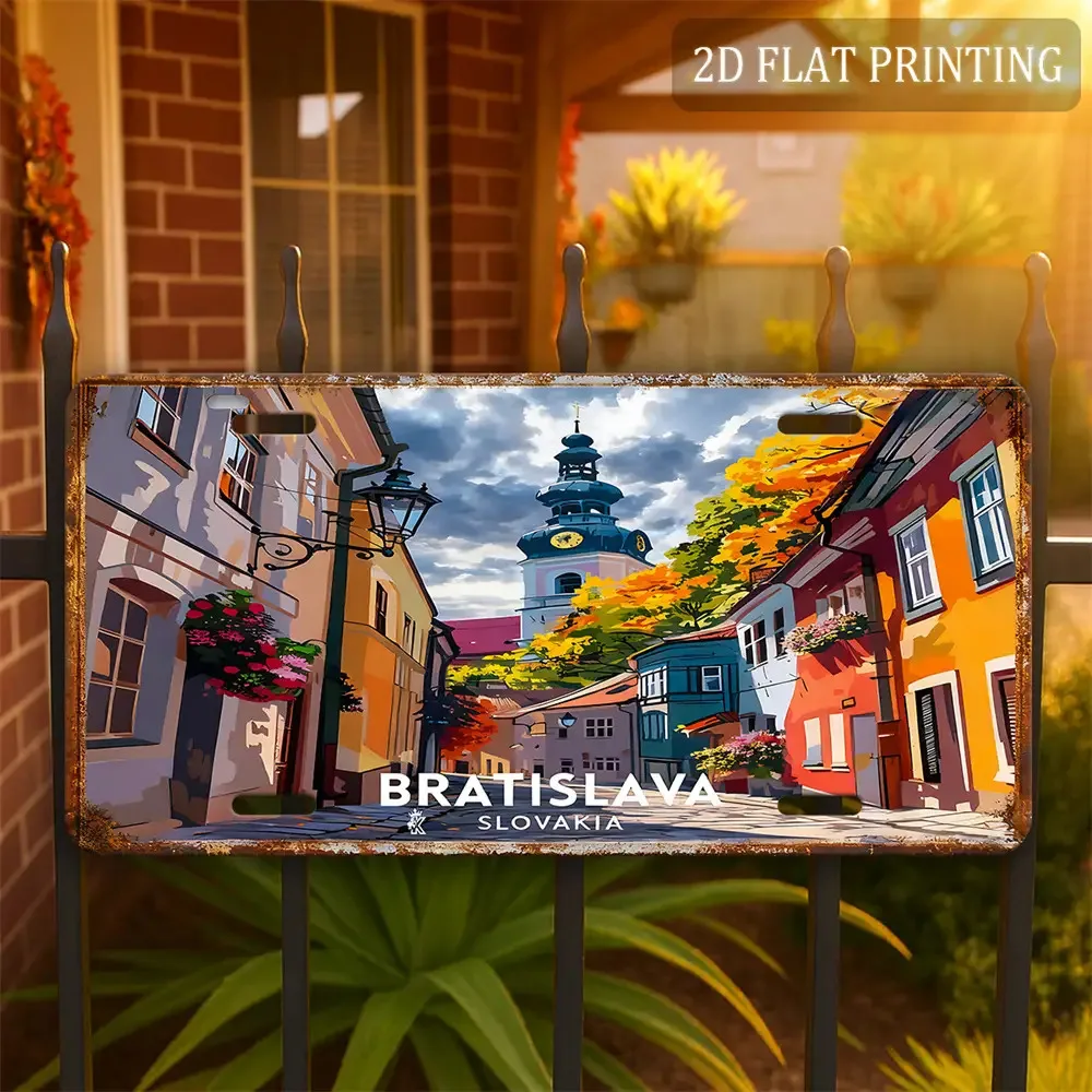 2D Flat, Vintage Metal License Plate - Bratislava, Slovakia, Aluminum, European City Outdoor Decoration, Perfect for Courtyar