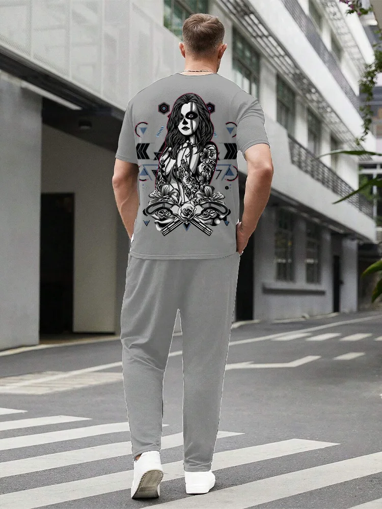 Men's Short Sleeve Long Pants Suit Hip Hop Punk Printed Pattern Round Neck Short Sleeve Suit Men's Outdoor Casual Clothing