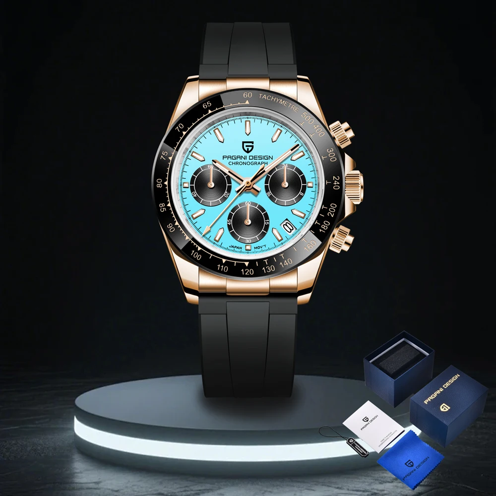 

PAGANI DESIGN New Gold Blue Luxury Quartz Watch For Men Gift Box VK63 Movt Chronograph Sapphire Crystal Stainless Steel Watch