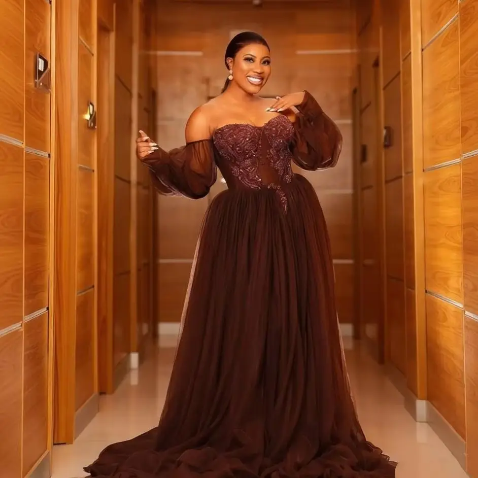 Brown Crystal Bridal Wedding Robe Customized Women Dress Nightgown Long Sleeves Tulle Sleepwear Bathrobe Bride Pajamas