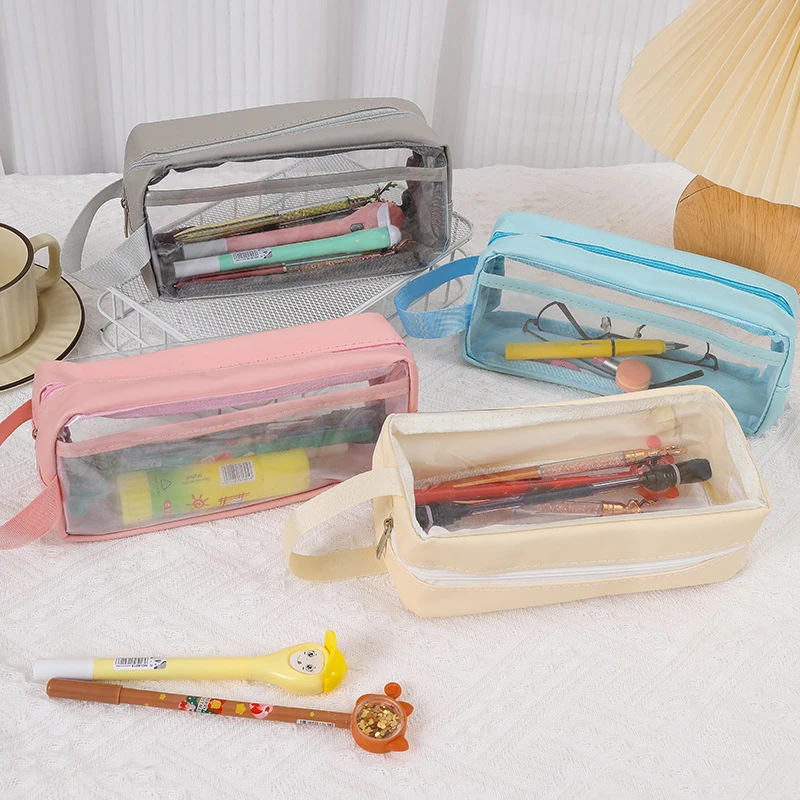 Simple Large Capacity Waterproof Pen Bag Handheld Pencil Case Student Stationery Fashion Transparent Storage Bag School Supplies