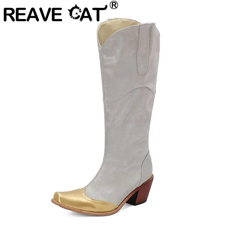 REAVE CAT Fashion Women Boots Toe Block Heels 6cm Flock Suede Slip On Mixed Color 46 47 48 Cowboy Bota