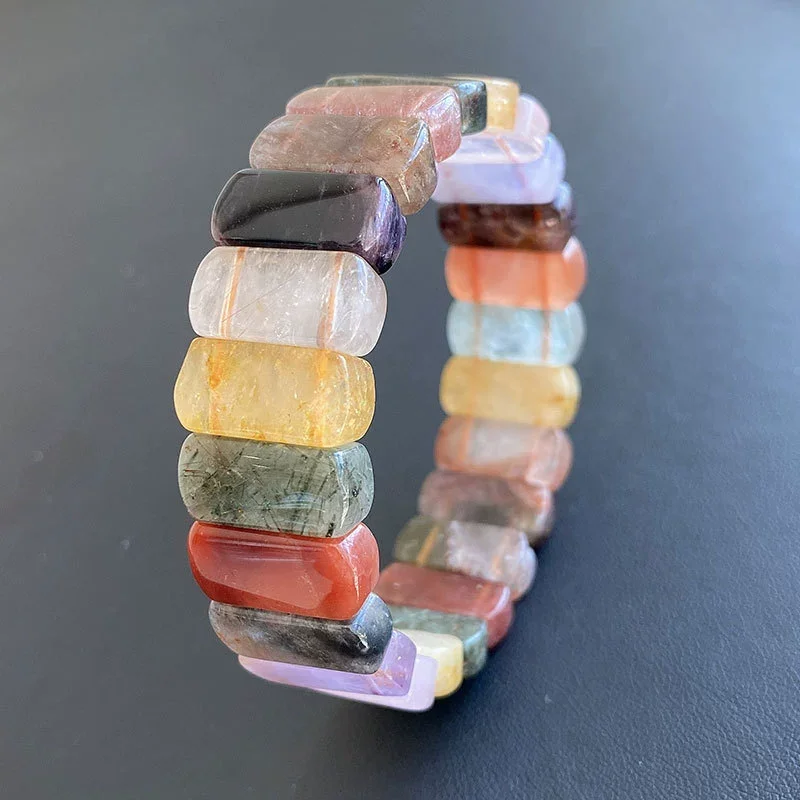 Natural Different Mixed Colorful Rutilated Quartz Red Rabbit Quartz Bracelet 16x8mm Green Rutilated Rectangle Beads AAAAA