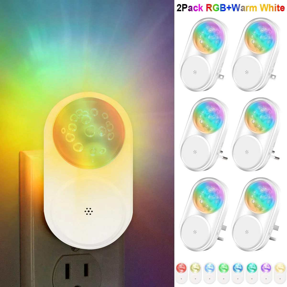 2Pcs RGB LED Dusk to Dawn Sensor Night Lights Dimmable Wall Plug in Night Lamp Baby Bedroom Bedside Wall Light Decor US/EU/UK