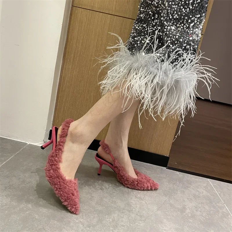 High Heel Plush Slides Woman Fashion Elegant Pointed Toe Lamb Hair Slippers Ladies Luxury Plush Evening Party Pump Shoes 2024