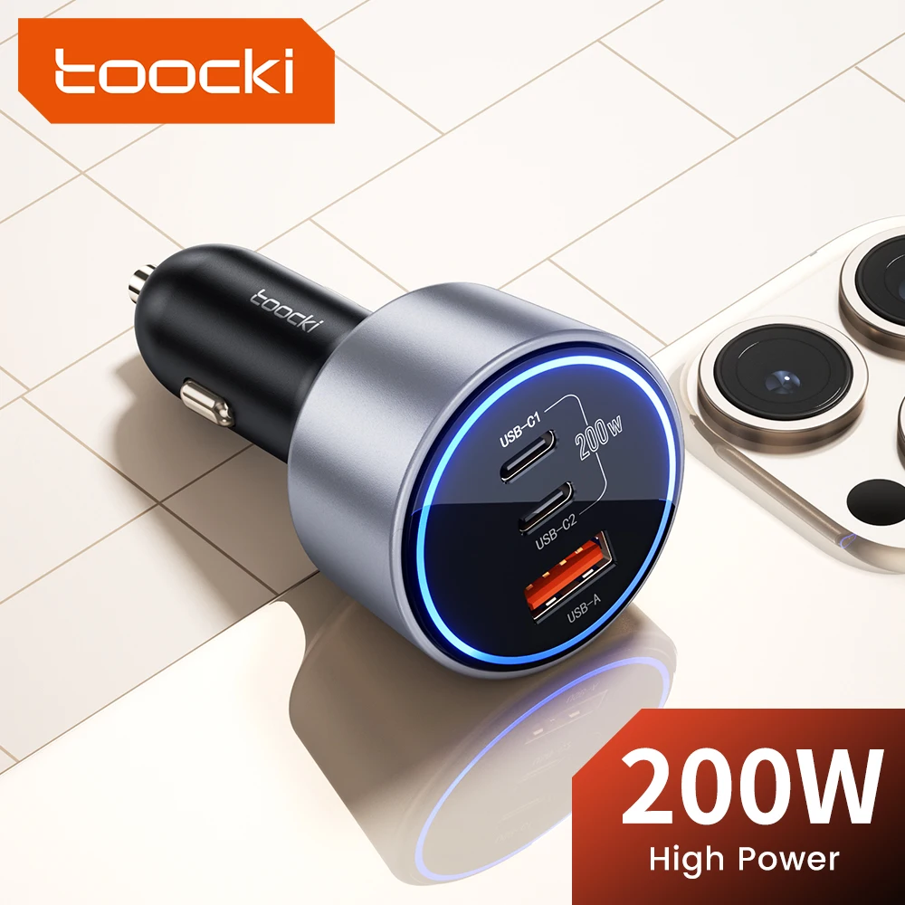 Toocki 200W Car Charger Quick Charge 4.0 PPS PD Fast Charging USB C Car Phone Charger for Macbook iPhone 15 14 Samsung