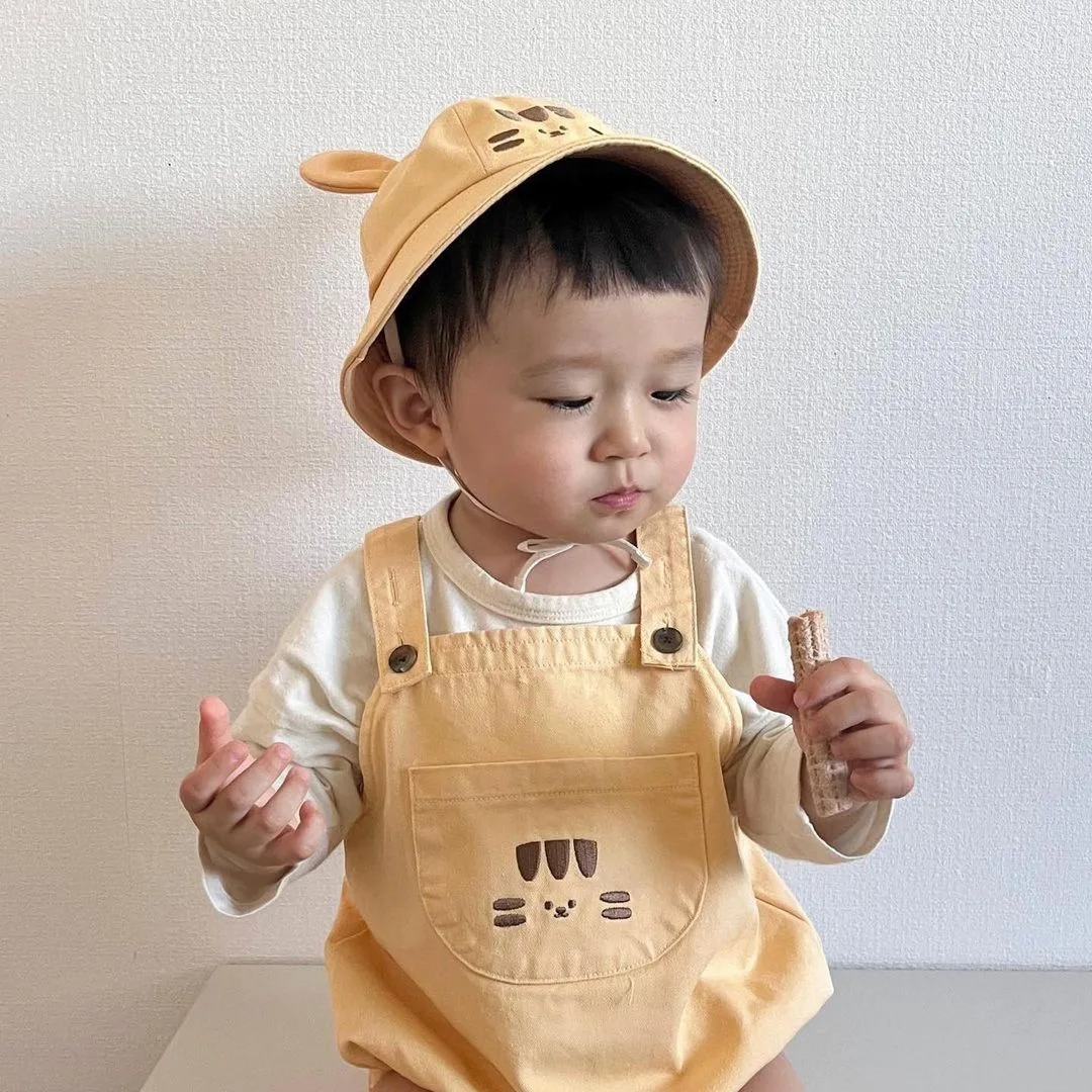 Newborn Baby Boy Cute Cartoon Squirrel Overalls Fashion Soft Infant Girl Bear Cotton Sleeveless Bodysuit Lace-up Bucket Hat