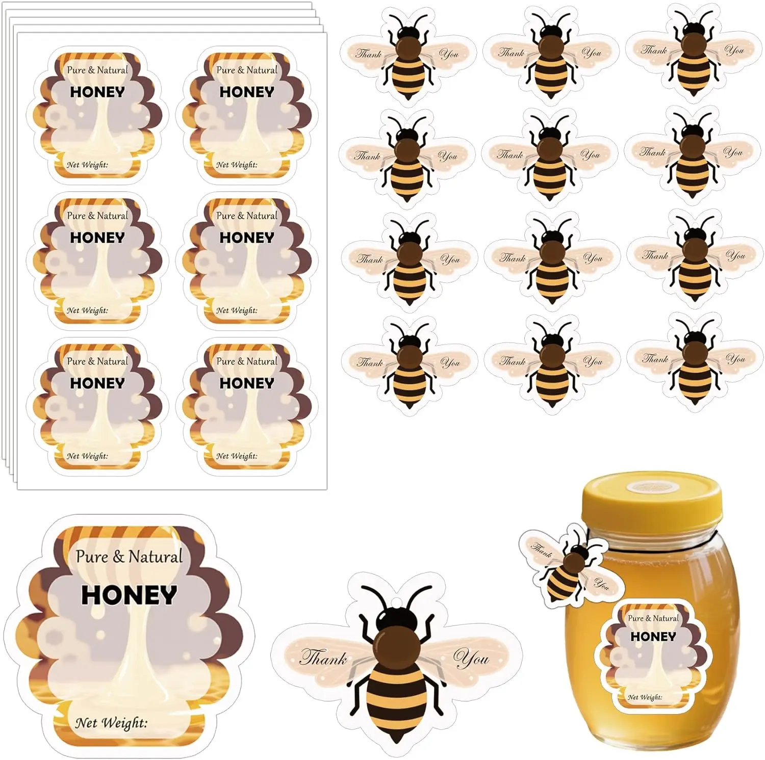 30 Set Pure Natural Honey Jars and Bottles Labels 2 x 2.5 Inch Bee Shaped Thank You Card Farm Kitchen Name Business Round Mason