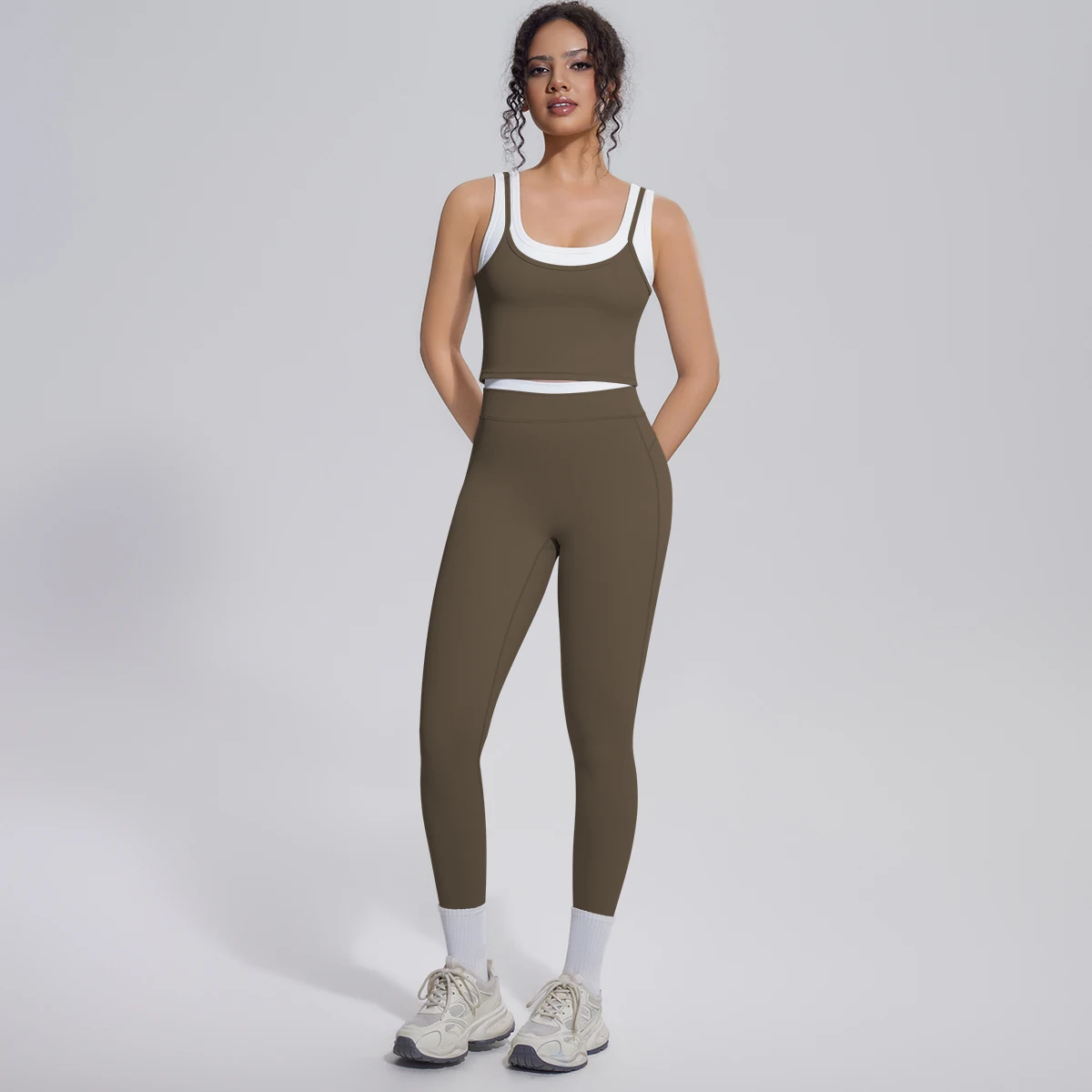 Hamidou Damen Yoga-Set, sexy, stoßdämpfend, Lauf-Yoga-Top, Farbblock-Design, hochtaillierte Fitness-Sport-Yoga-Hose, Gym-Yoga-Set – Detail 20